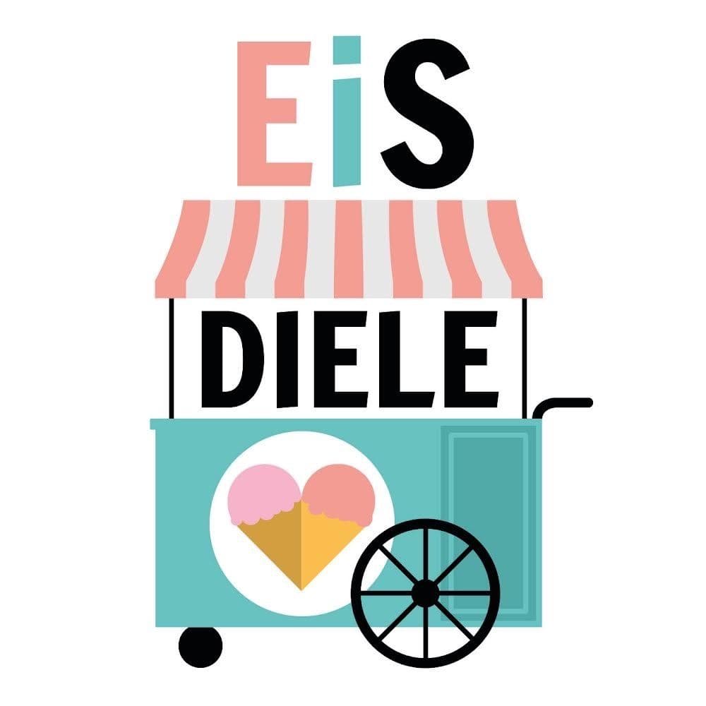 Logo der EiS-Diele: Ein grüner Eiswagen mit weiß-rosa gestreifter Markise. Auf der Seite sieht man das Logo der EiS-App: Ein Herz geformt aus zwei Eiswaffeln mit je einer Kugel Eis. Der Wagen trägt die Aufschrift: EiS-Diele
