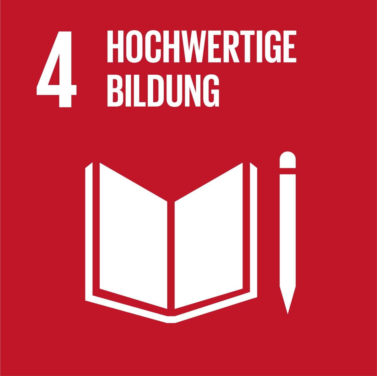 UN-Ziel für nachhaltige Entwicklung 4: Hochwertige Bildung. Symbol von einem Buch und einem Stift