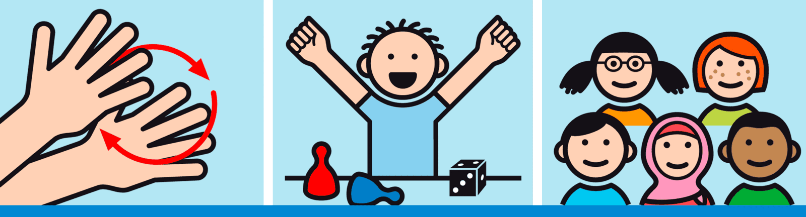 Drei Bilder in einfacher Symbolsprache: zwei Hände, die eine Gebärde zeigen; ein Kind, das an einem Spielbrett jubelt; eine Gruppe lachender Kinder.