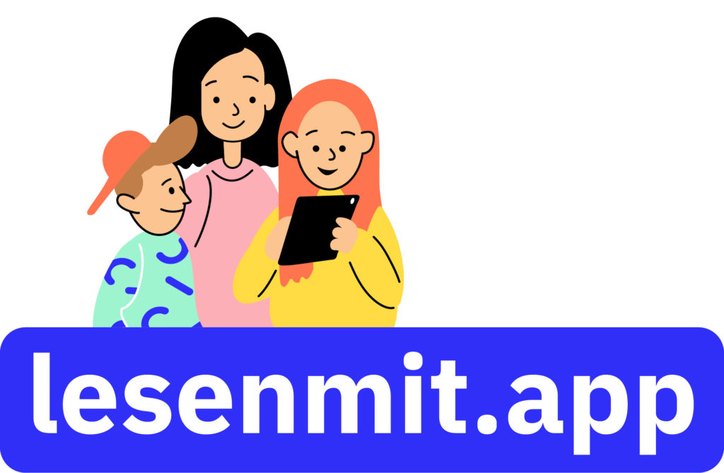 Logo des Programms lesenmit.App. Zwei Kinder und eine Erwachsene, die zusammen auf ein Tablet schauen und der Schriftzug lesenmit.app