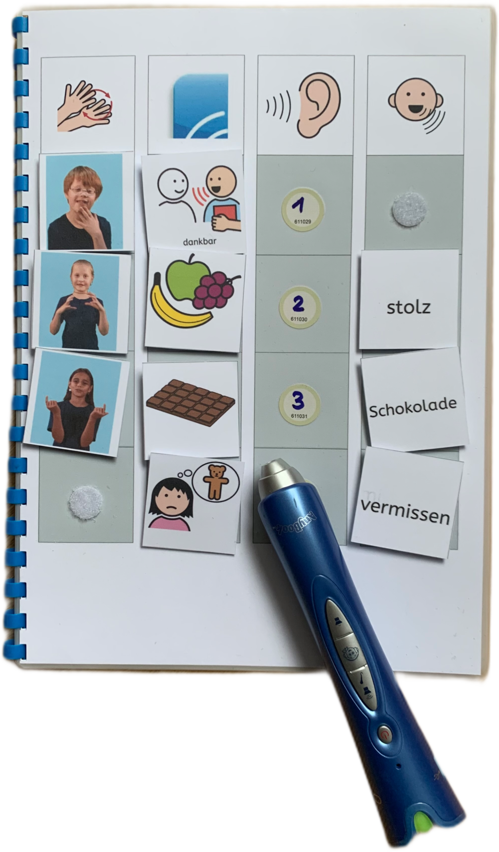 Klettmappe als Beispiel für den anlaogen Einsatz der EiS-App. Gebärde, METACOM-Symbol, Audio-Button zum Anhören des Wortes mit dem Anybook-Reader und Wort