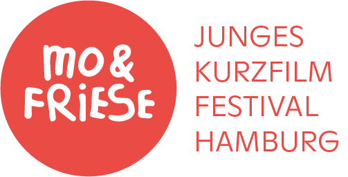 Logo des Jungen Kurzfilm Festival Hamburg, roter Kreis mit weißer Schrift Mo&Friese