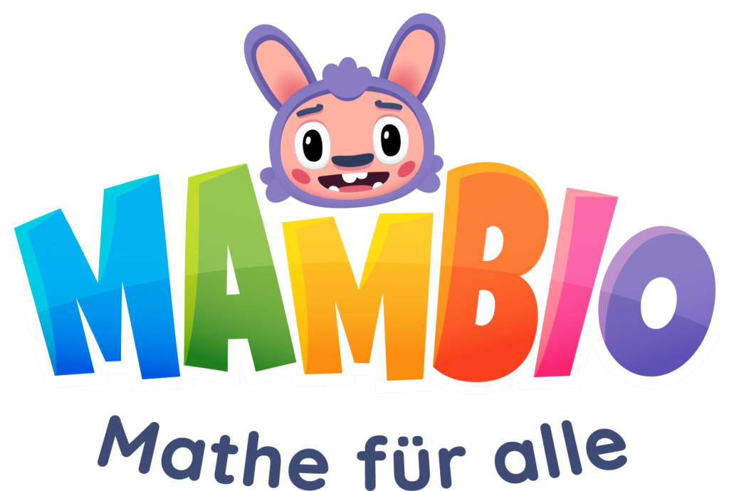 Logo der inklusiven Mathe-Lern-App Mambio. Bunter Schriftzug MAMBIO über den ein hasiges Wesen blickt. Unterschrift: Mathe für alle